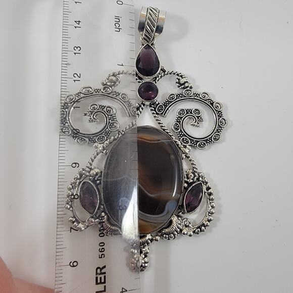 Sterling Silver Pendant with Striped Banded Agate and Faceted Garnet Stones - Picture 2 of 10